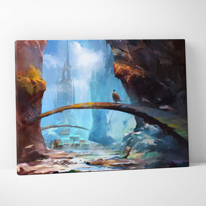 Rectangular canvas print featuring a blue crystal bridge with a lone bird in a misty fantasy portal city landscape