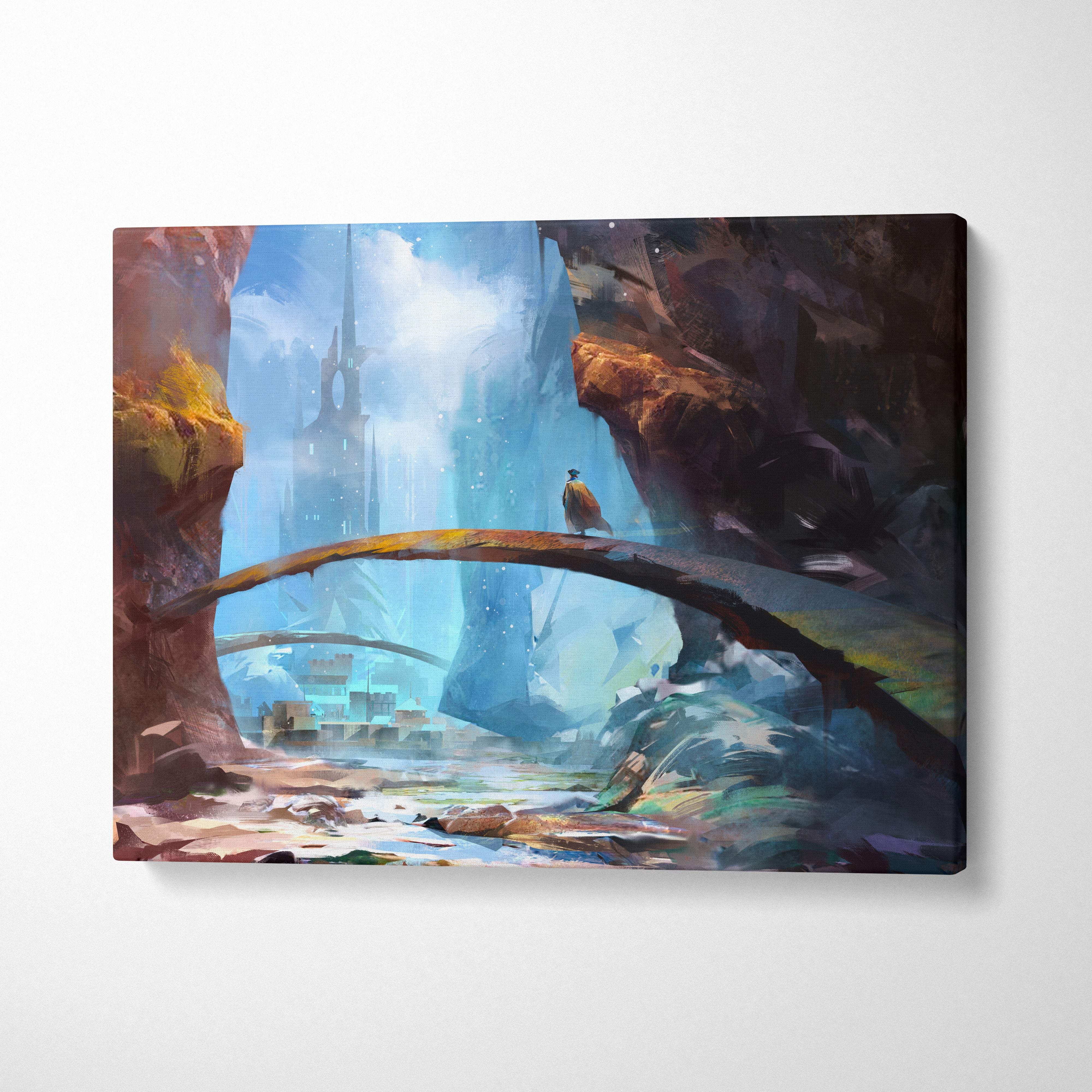 Fantasy portal city rectangular canvas print featuring blue crystal bridge with lone figure in misty cliffs wall art
