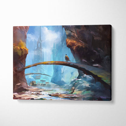Fantasy portal city rectangular canvas print featuring blue crystal bridge with lone figure in misty cliffs wall art