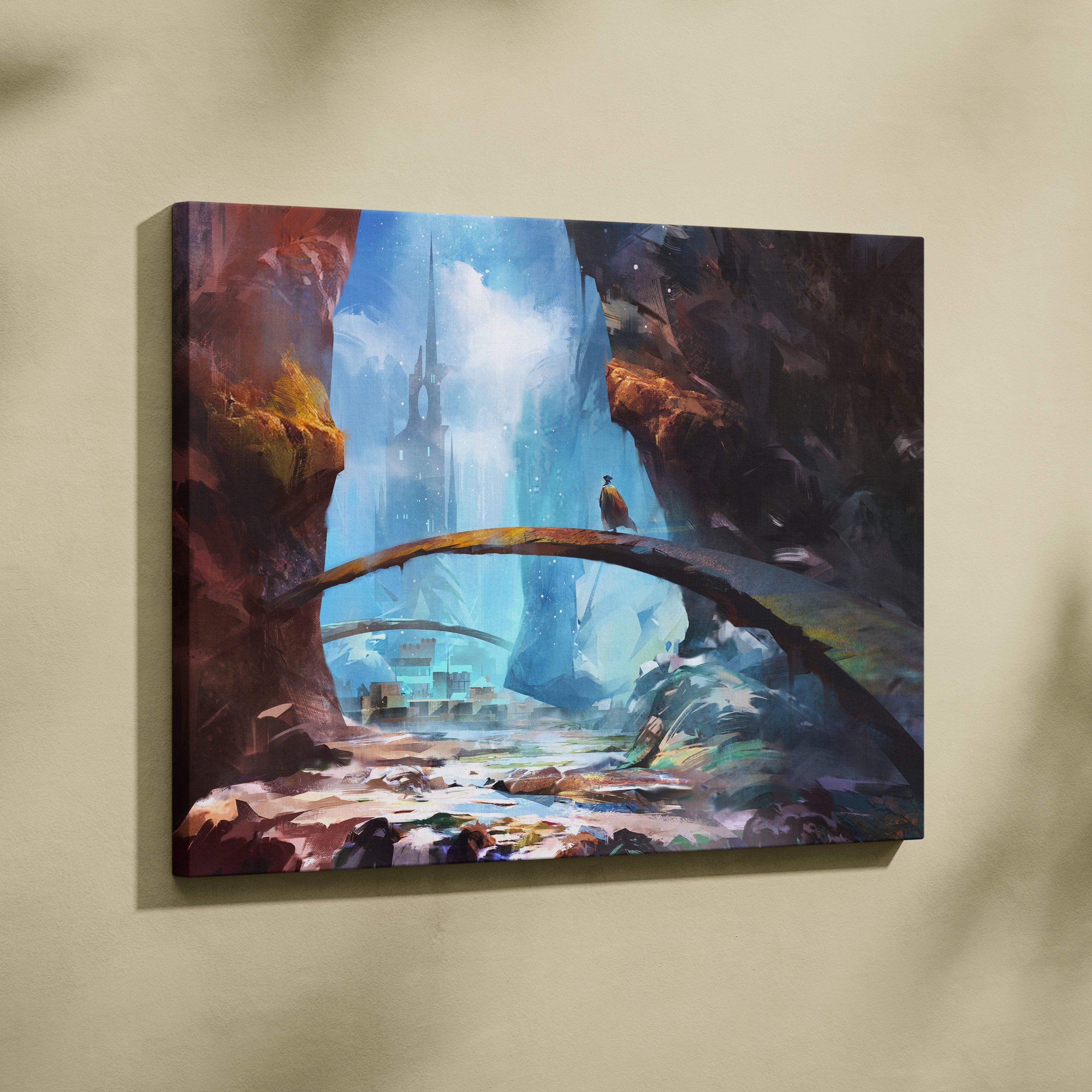 Fantasy portal city canvas print with blue crystal bridge and lone bird in a misty cliffside sci fi adventure scene