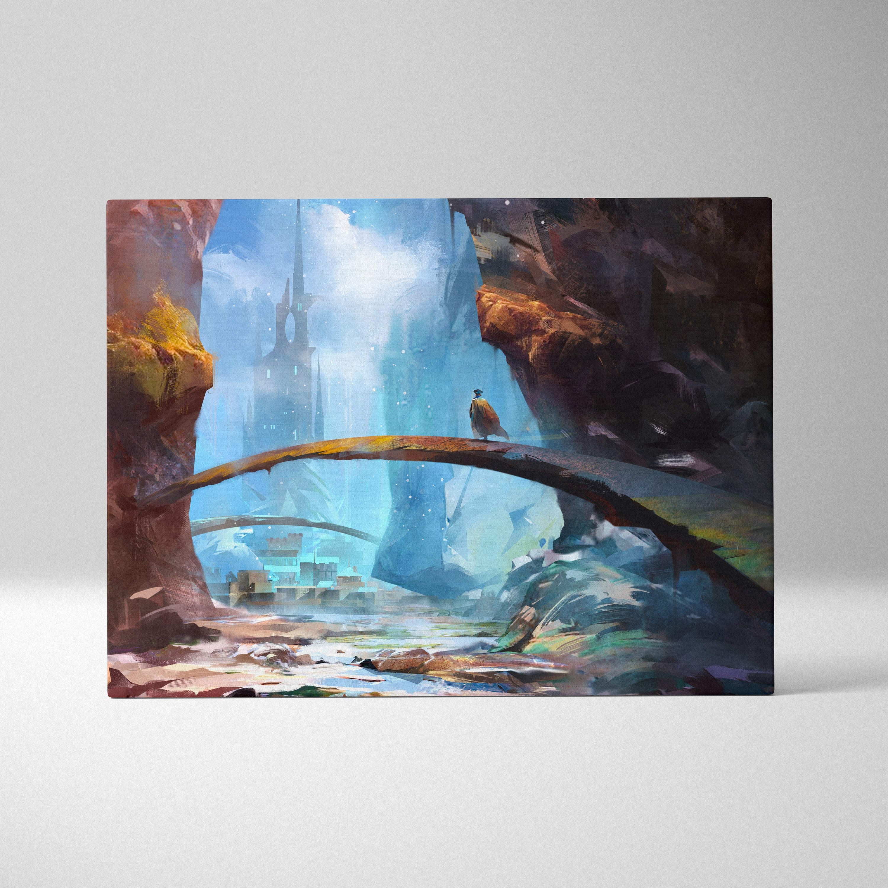 Fantasy portal city rectangular canvas print with blue crystal bridge and misty cliffs in cinematic dreamscape style