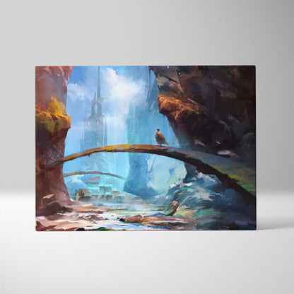 Fantasy portal city rectangular canvas print with blue crystal bridge and misty cliffs in cinematic dreamscape style