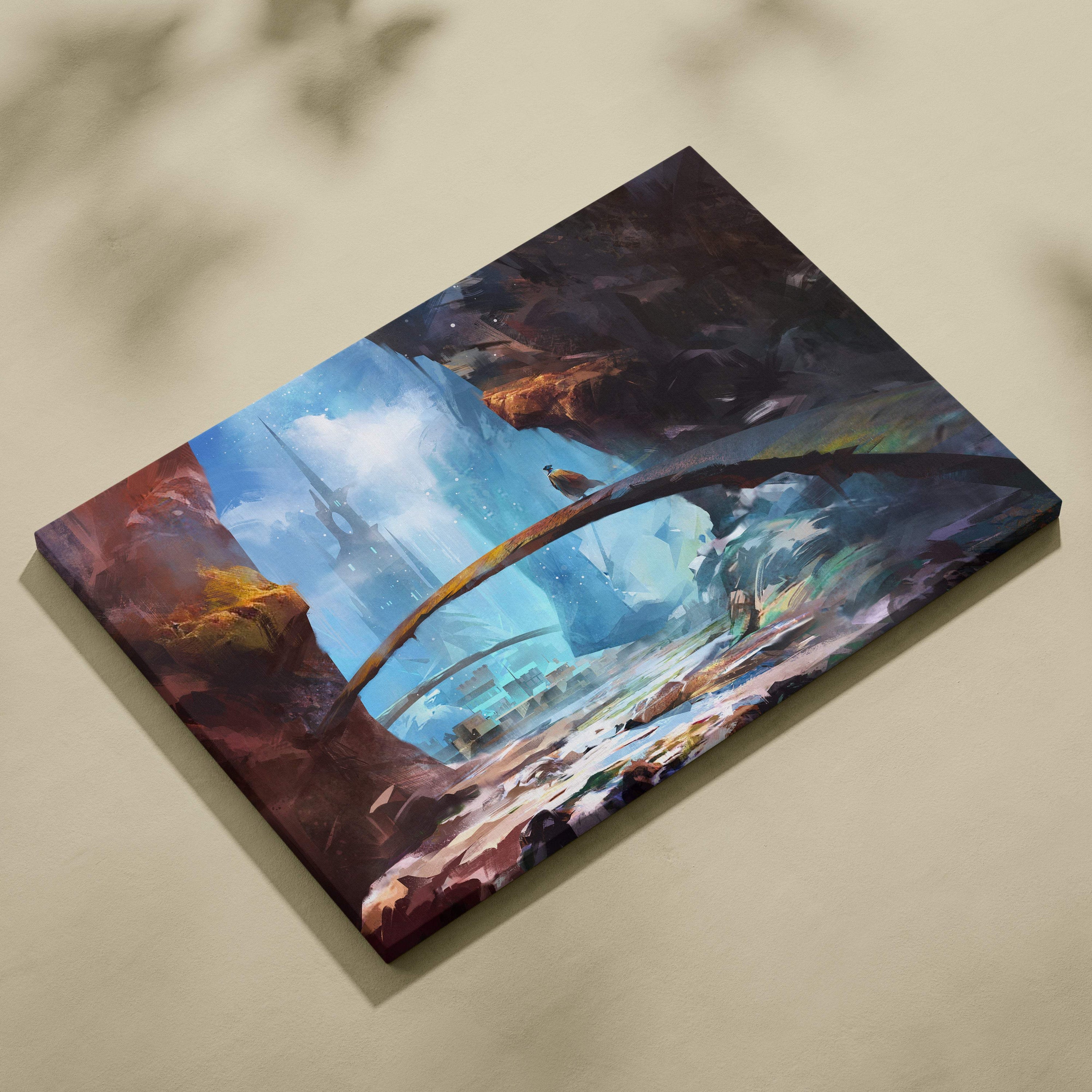 Rectangular canvas print of a fantasy landscape with a glowing blue waterfall and rocky arches featuring a small bird on the bridge