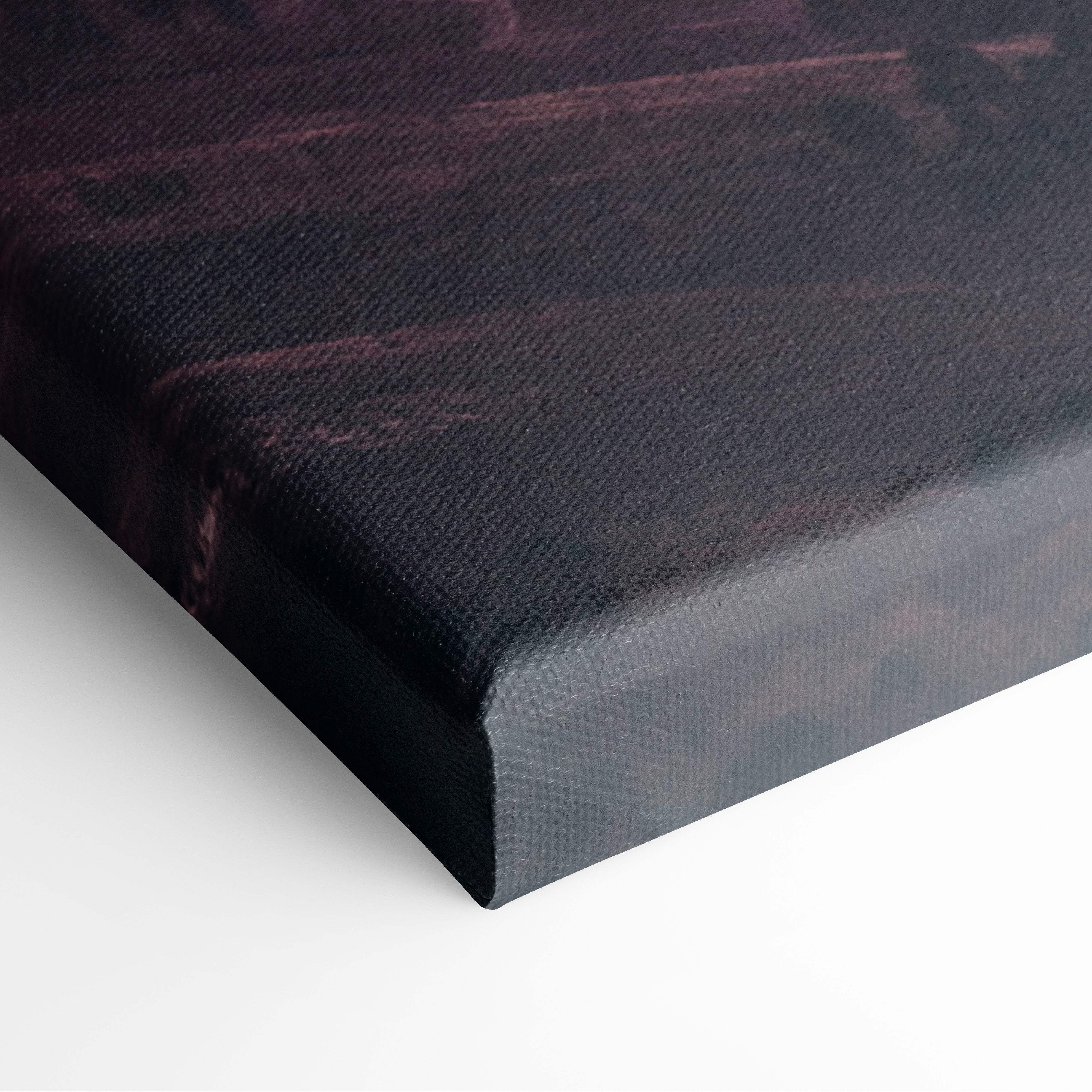 Black canvas print with textured dark purple and black abstract design motivational mountain landscape wall art