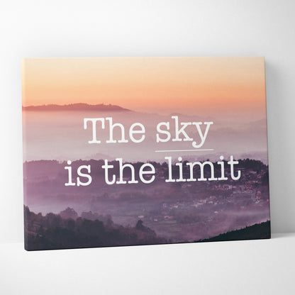 Motivational mountain landscape canvas wall art with pink purple misty valley and the sky is the limit quote print