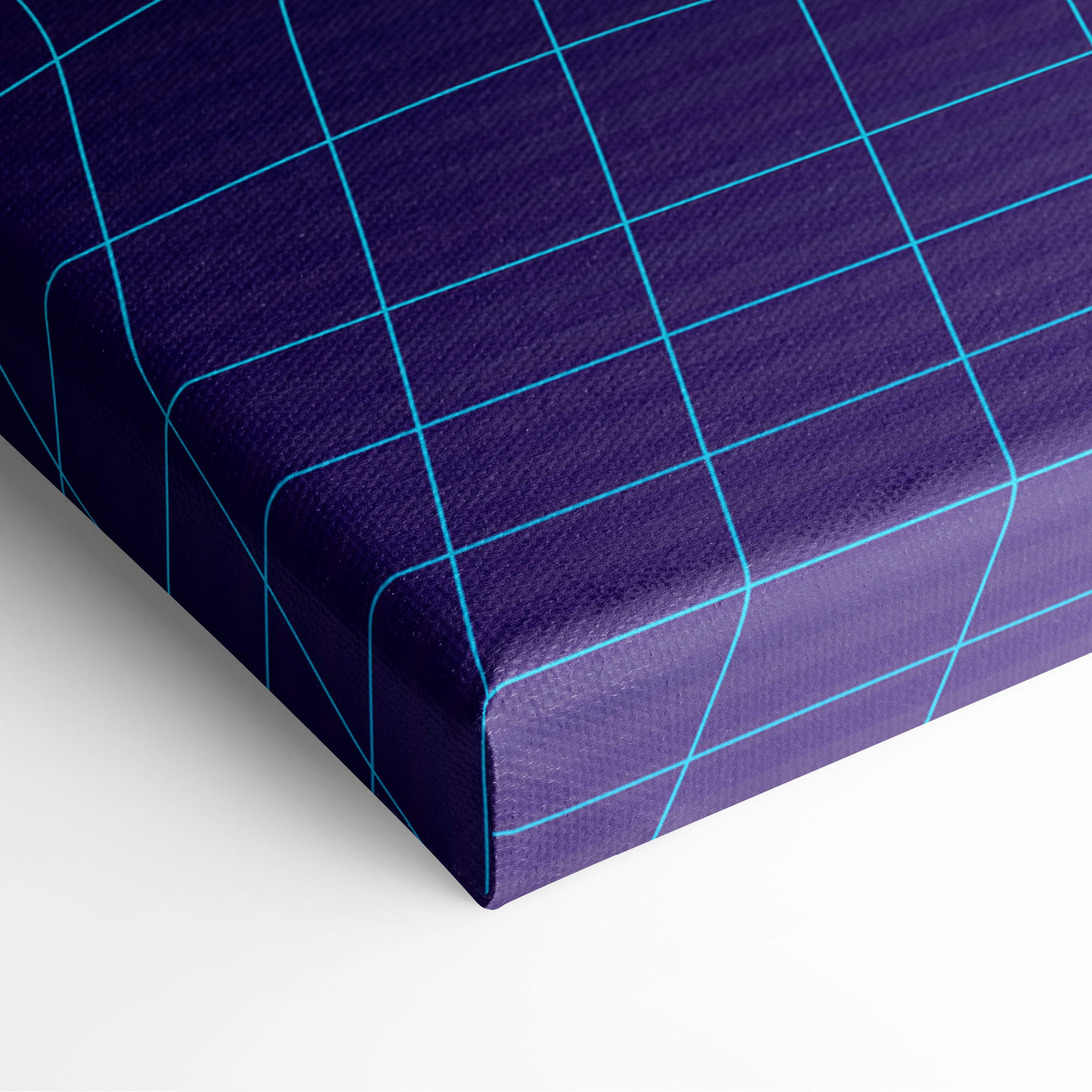 Vaporwave blue palm grid canvas art print featuring deep purple canvas with light blue grid pattern and tropical synthwave vibes