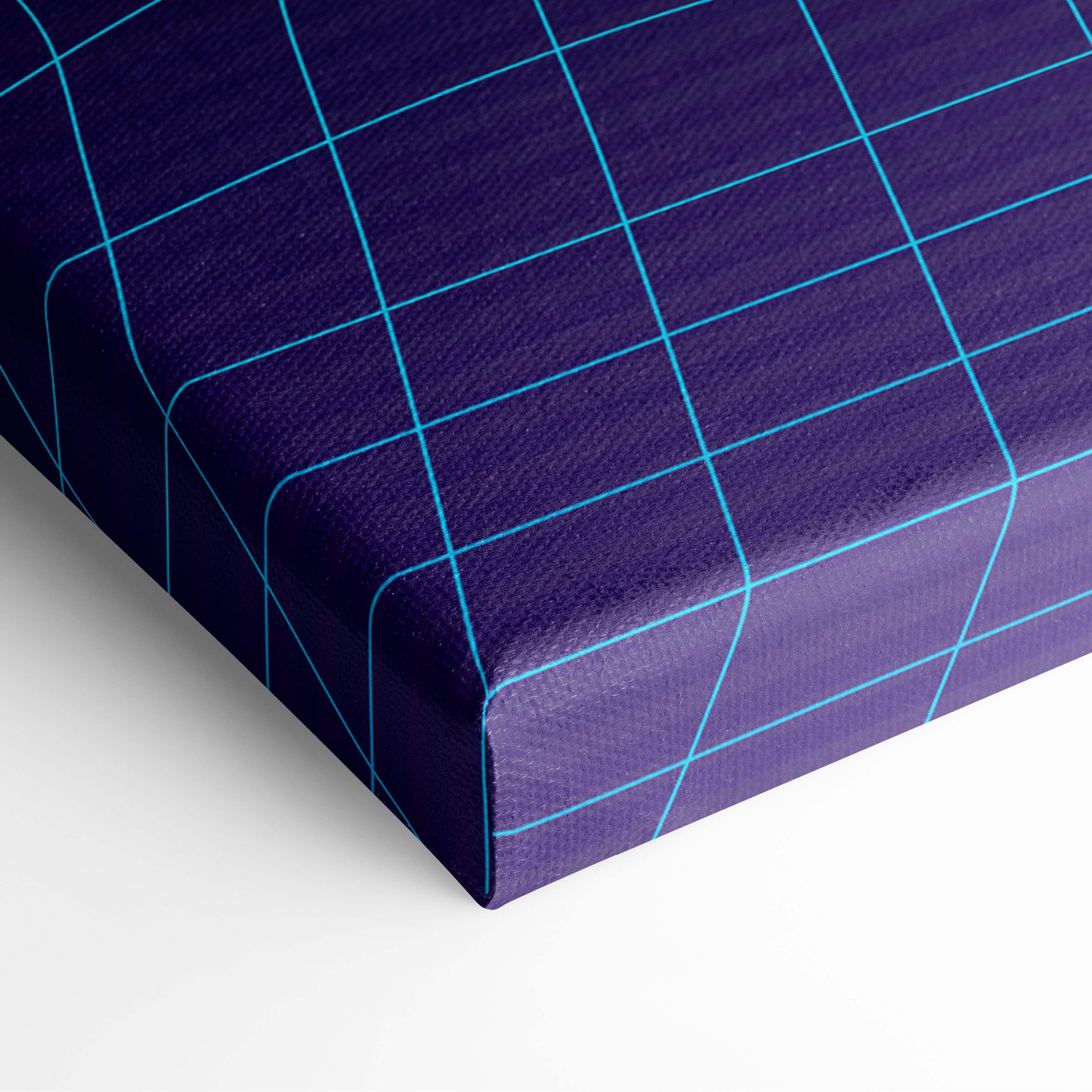 Vaporwave blue palm grid canvas art print featuring deep purple canvas with light blue grid pattern and tropical synthwave vibes