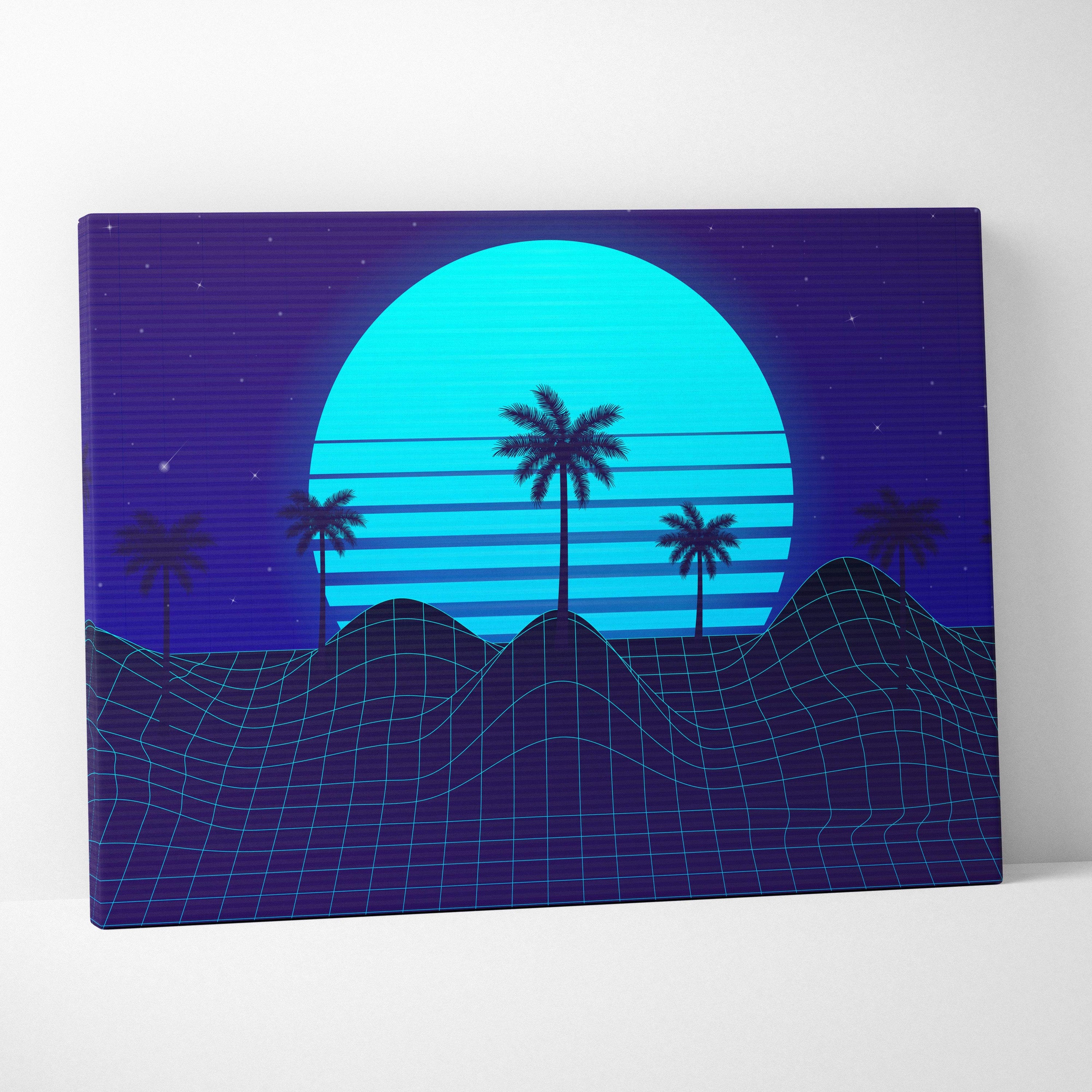 Vaporwave blue palm grid canvas art print with a glowing cyan sun, silhouetted palm trees, and deep purple hills under stars