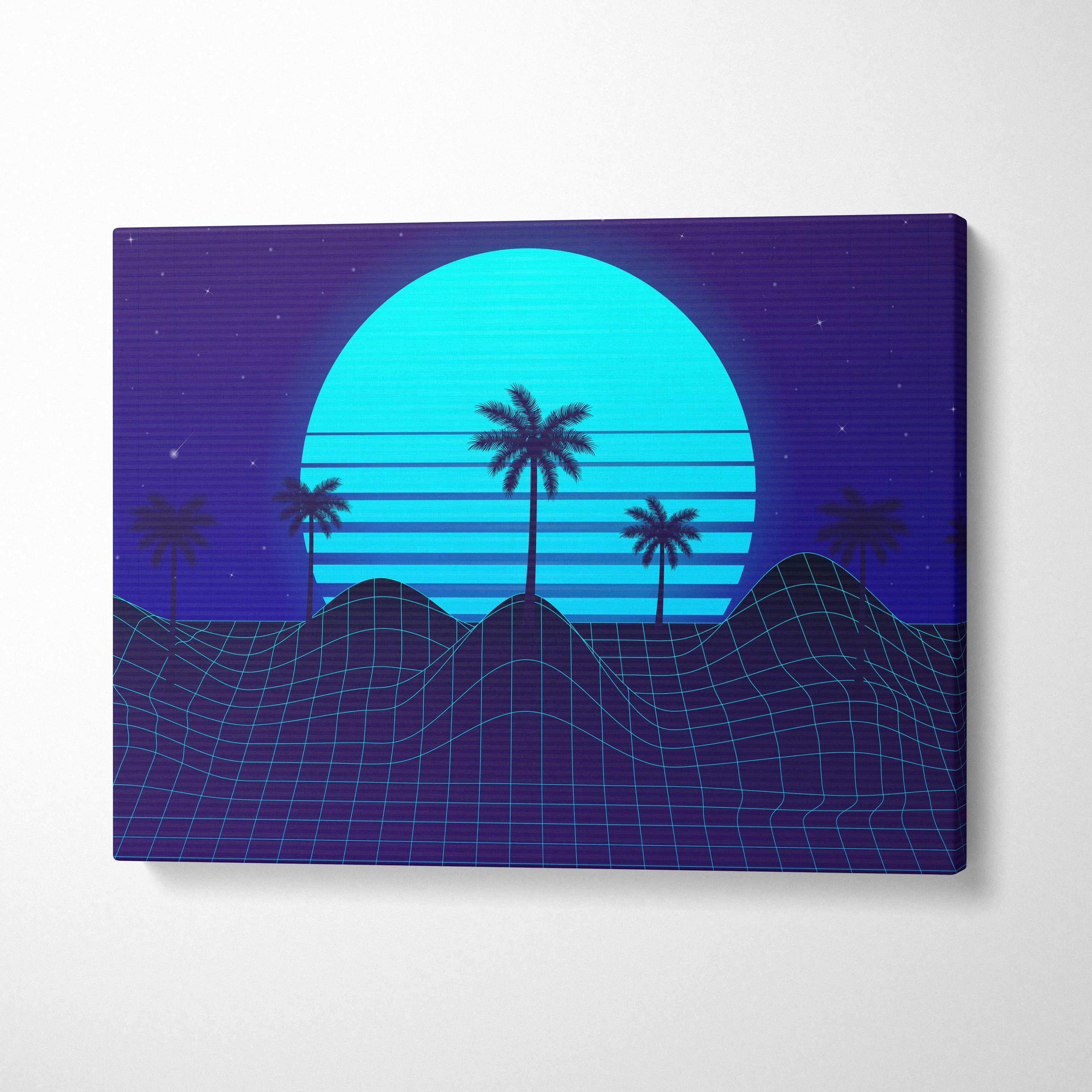 Vaporwave blue palm grid canvas art print with glowing cyan sun setting behind silhouetted palm trees on grid landscape