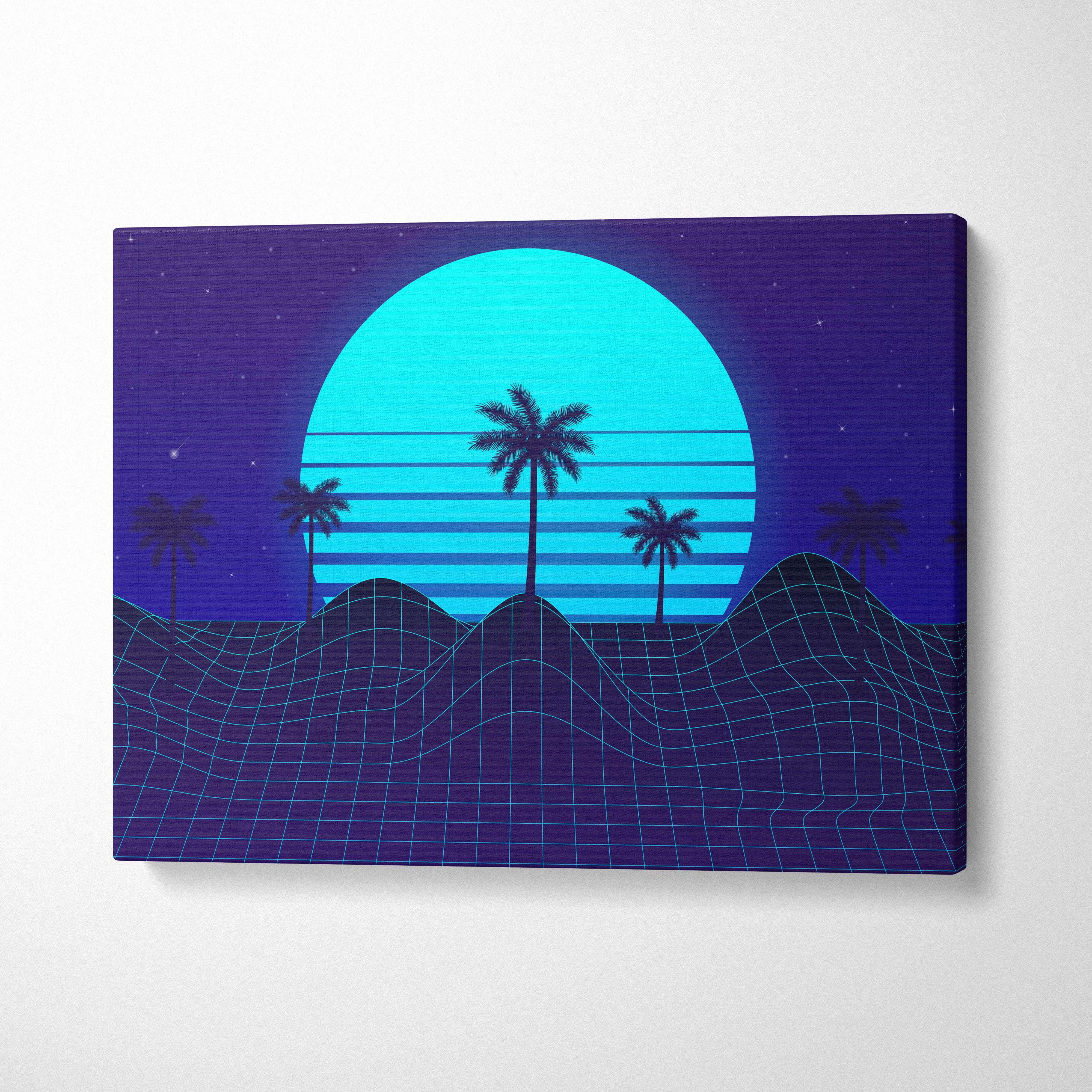 Vaporwave blue palm grid canvas art print with glowing cyan sun setting behind silhouetted palm trees on grid landscape