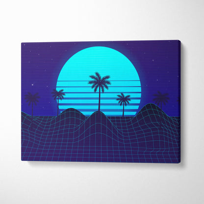 Vaporwave blue palm grid canvas art print with glowing cyan sun setting behind silhouetted palm trees on grid landscape