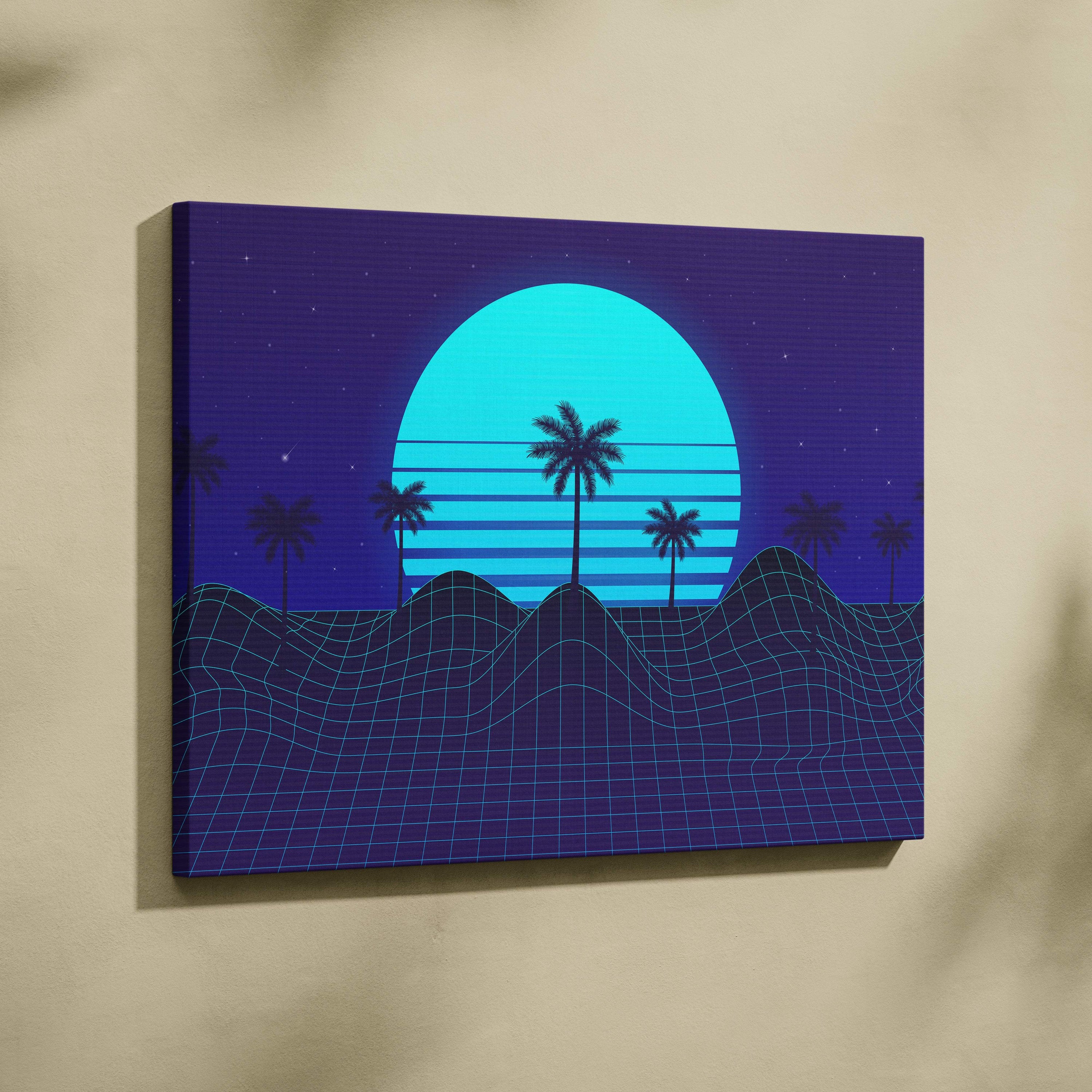 Vaporwave blue palm grid canvas art print featuring a glowing cyan sun setting behind silhouetted palm trees on a purple grid landscape