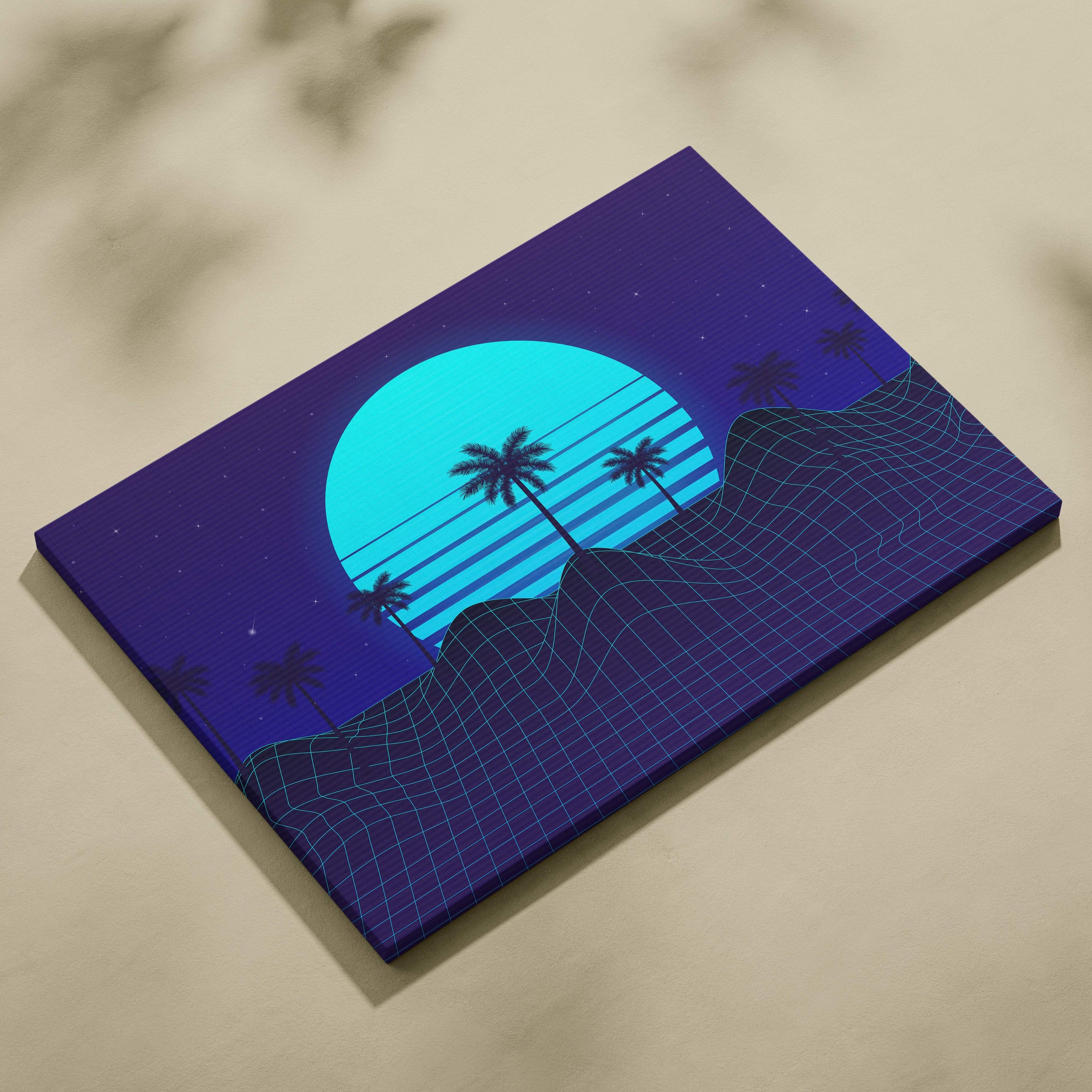 Vaporwave blue palm grid canvas art print with glowing cyan sun setting behind palm trees on a purple and blue grid landscape