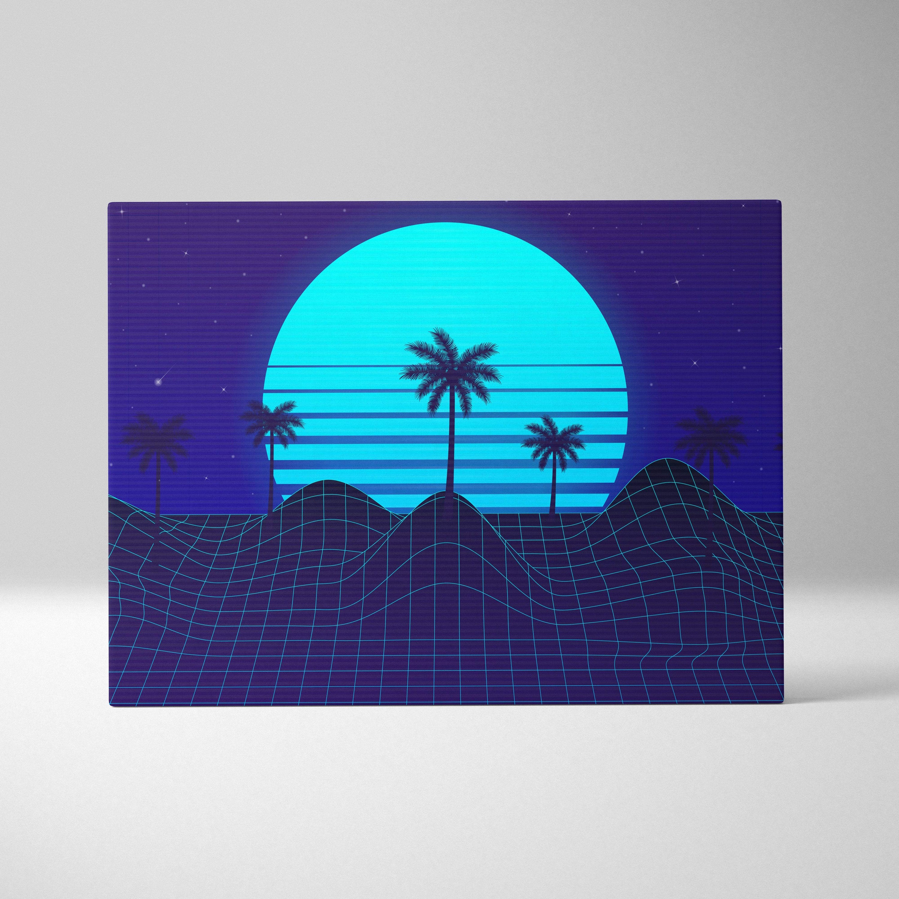 Vaporwave blue palm grid canvas art print with glowing cyan sun setting behind silhouetted palm trees on grid landscape