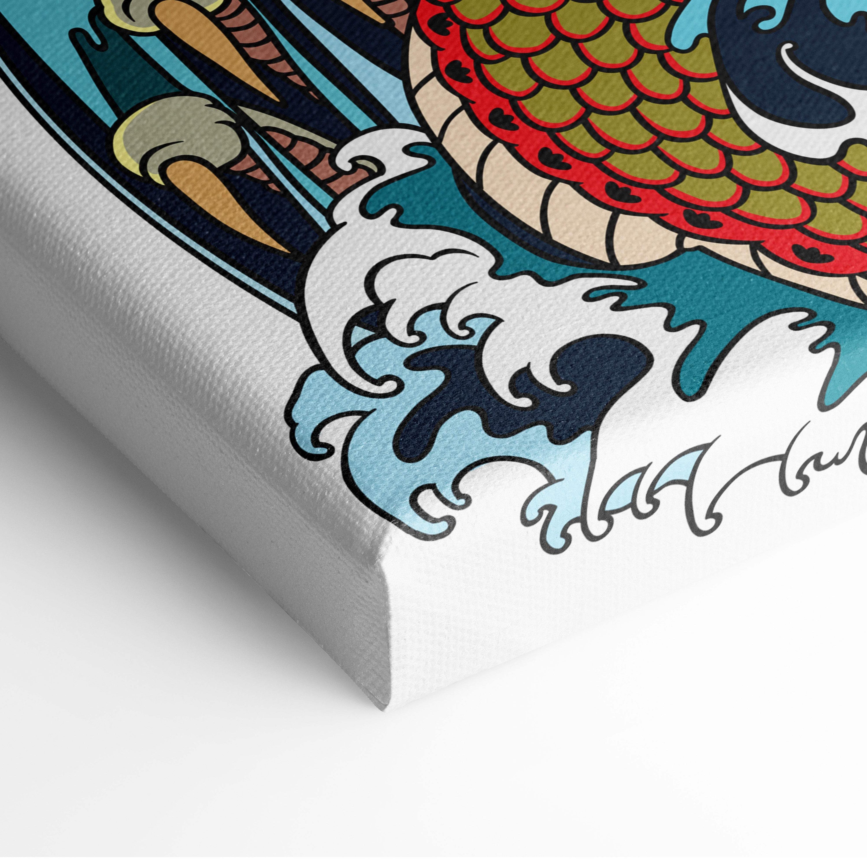 Japanese dragon wave canvas wall art featuring vibrant red and green koi fish with detailed scales on blue waves