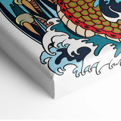 Japanese dragon wave canvas wall art featuring vibrant red and green koi fish with detailed scales on blue waves
