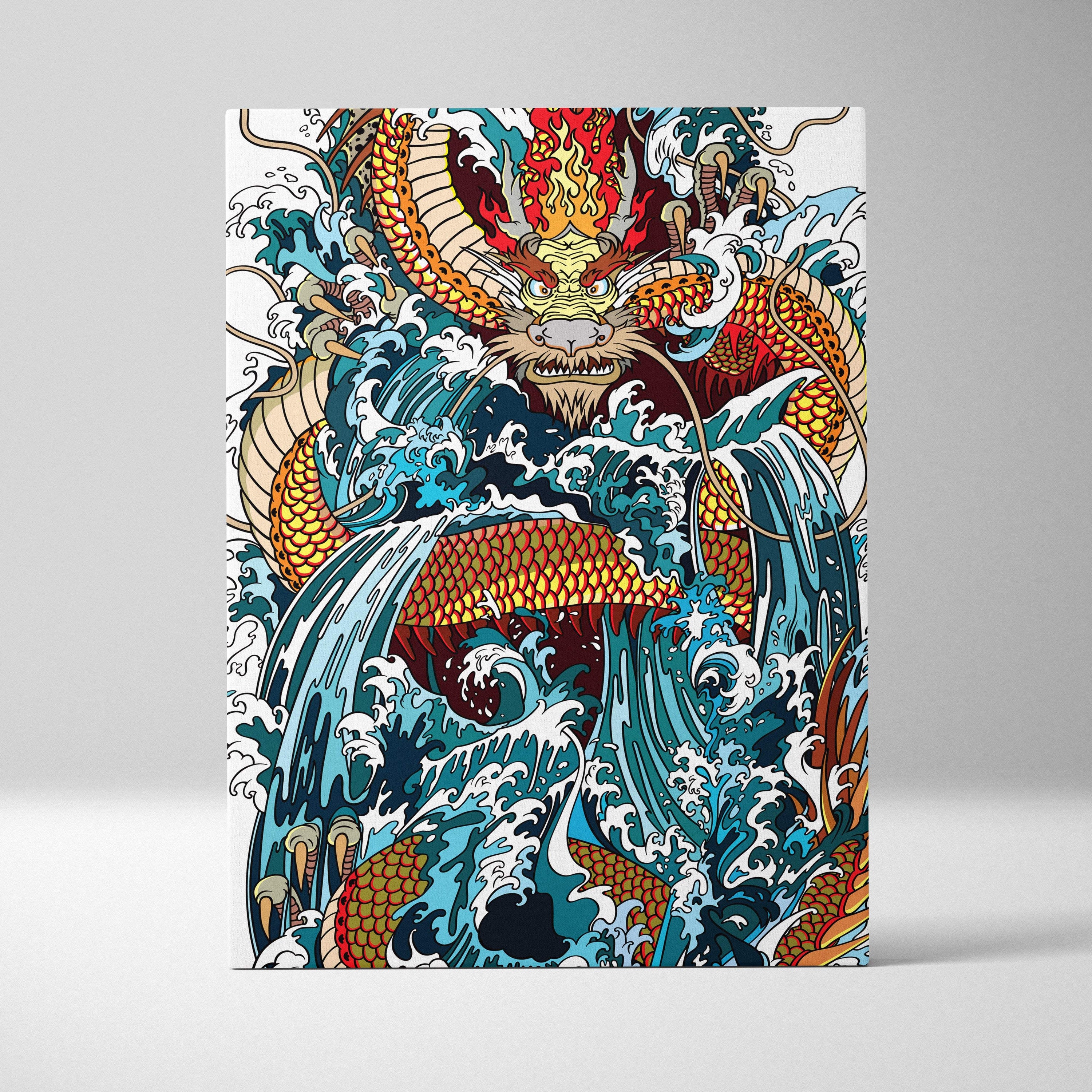 Vibrant japanese dragon wave canvas wall art with bold orange red scales and turquoise ocean waves for living room decor