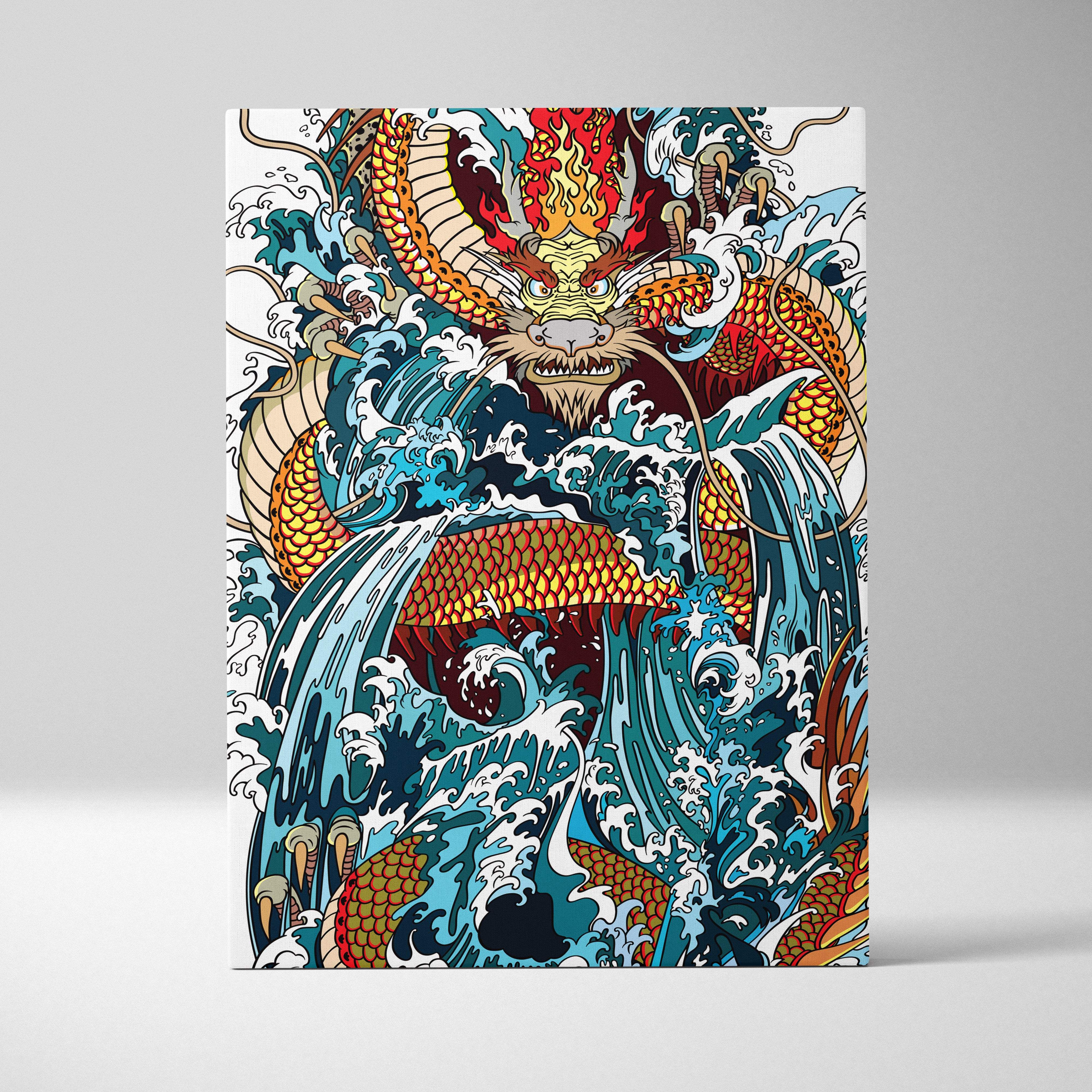 Vibrant japanese dragon wave canvas wall art with bold orange red scales and turquoise ocean waves for living room decor