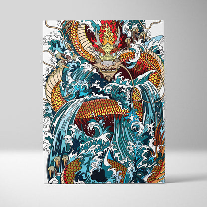 Vibrant japanese dragon wave canvas wall art with bold orange red scales and turquoise ocean waves for living room decor