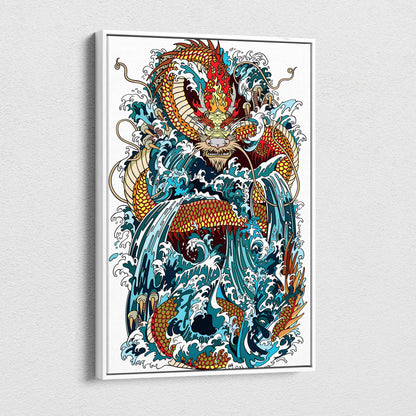 Vibrant japanese dragon wave canvas wall art with fiery red gold dragon and turbulent blue ocean waves for bold decor