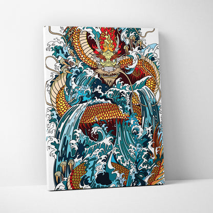 Vibrant red gold blue japanese dragon wave canvas wall art in tattoo style for bold game room or living room decor