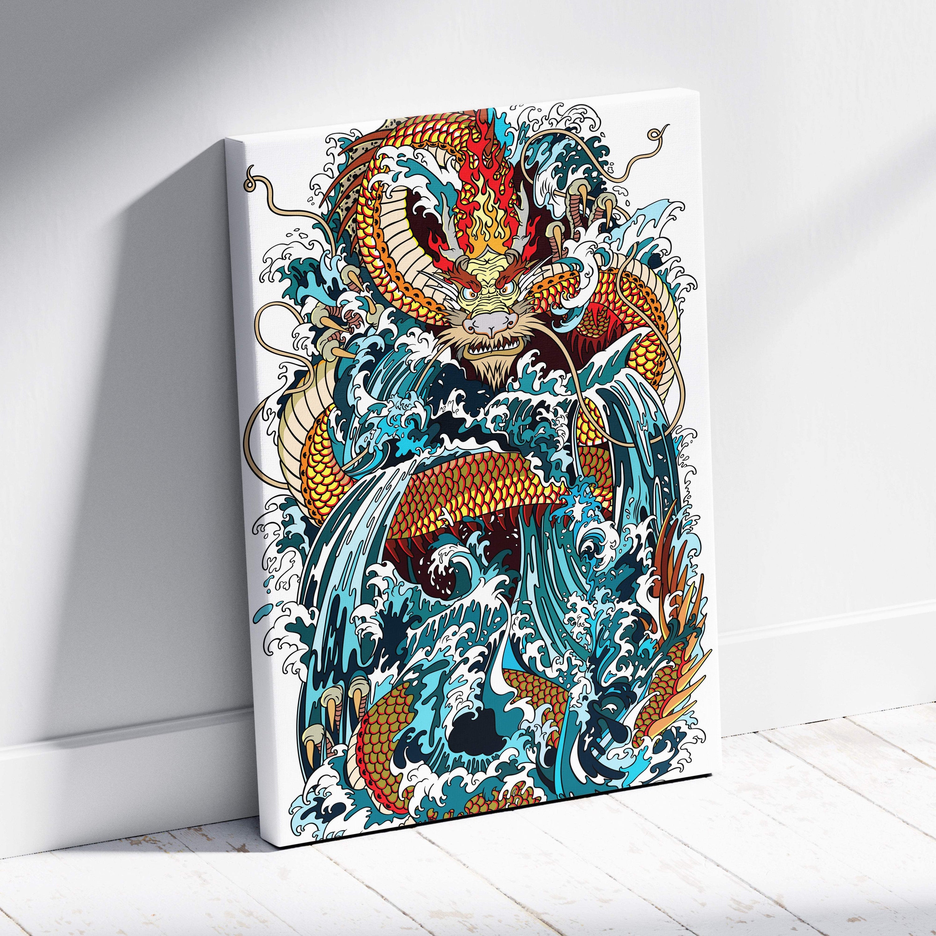 Japanese dragon wave canvas wall art with vibrant gold red scales and turquoise waves in bold Asian tattoo style decor