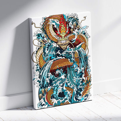 Japanese dragon wave canvas wall art with vibrant gold red scales and turquoise waves in bold Asian tattoo style decor