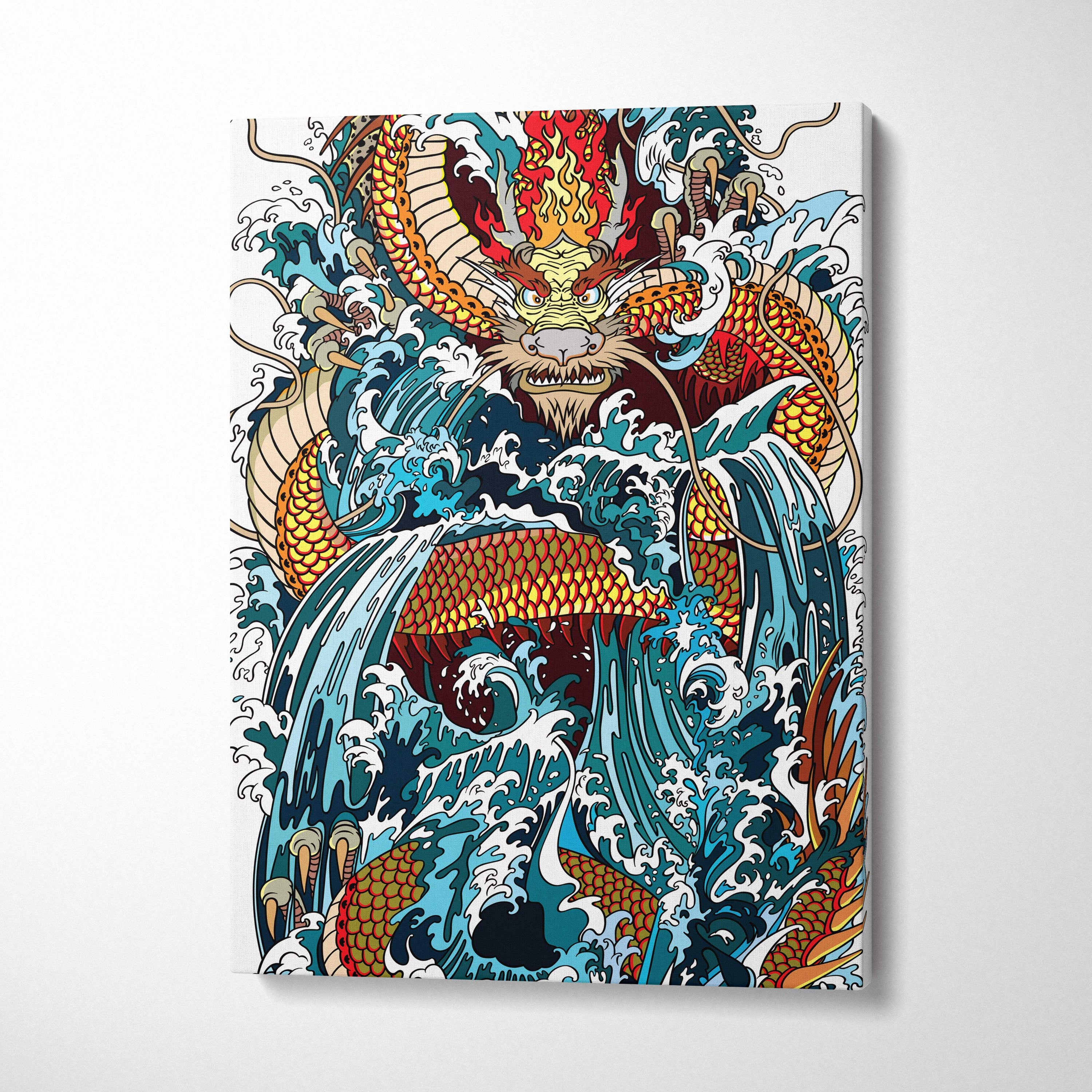 Vibrant Japanese dragon wave canvas wall art featuring a fierce gold red blue mythical dragon on ocean waves