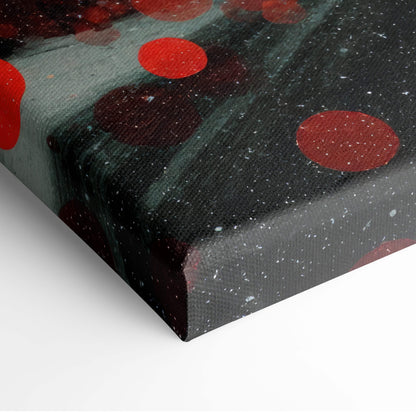 Black canvas print with bold red and dark maroon circular patterns on a textured speckled background for modern decor