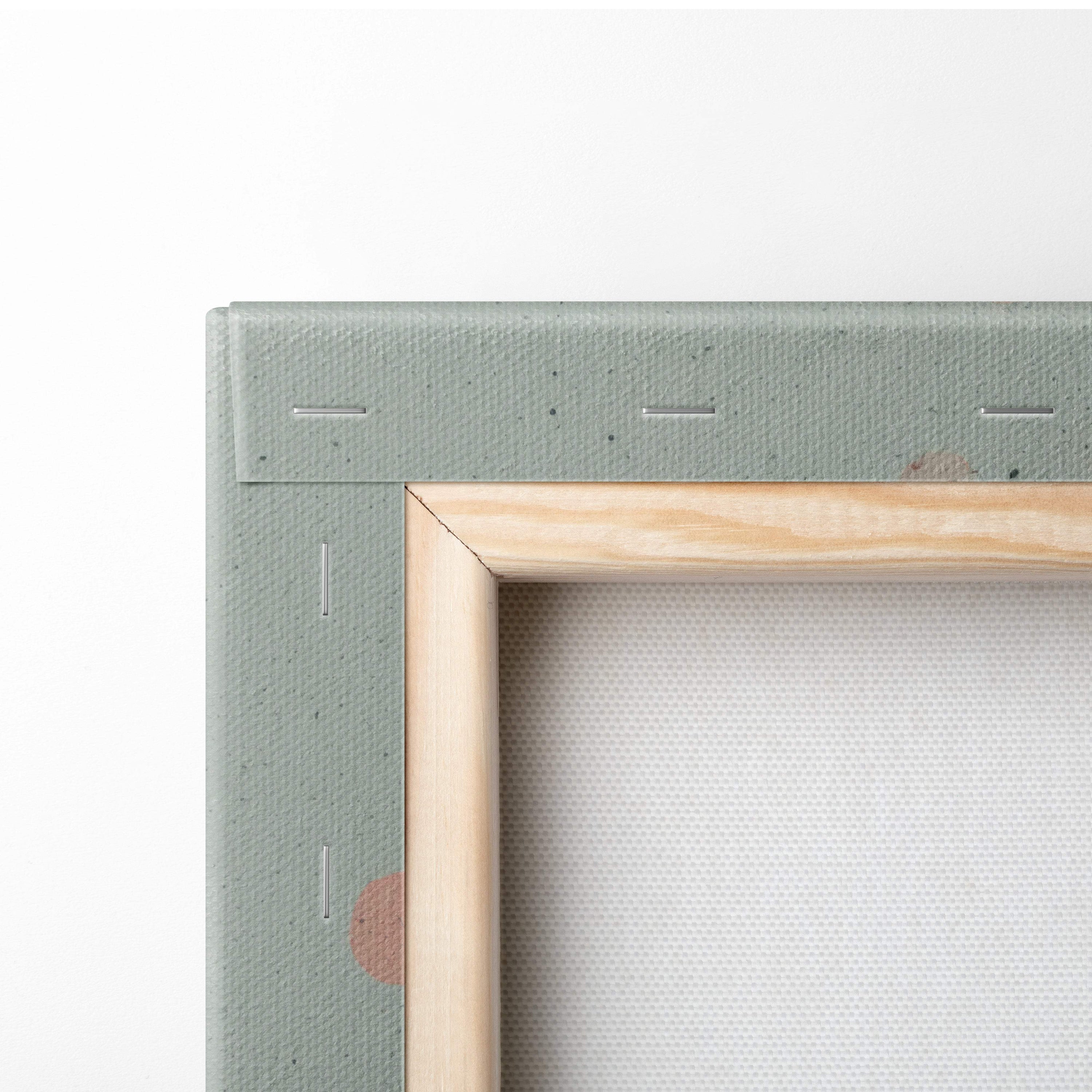 Minimalist canvas painting with sage green textured frame and light wood inner border for modern winter decor