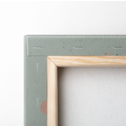 Minimalist canvas painting with sage green textured frame and light wood inner border for modern winter decor