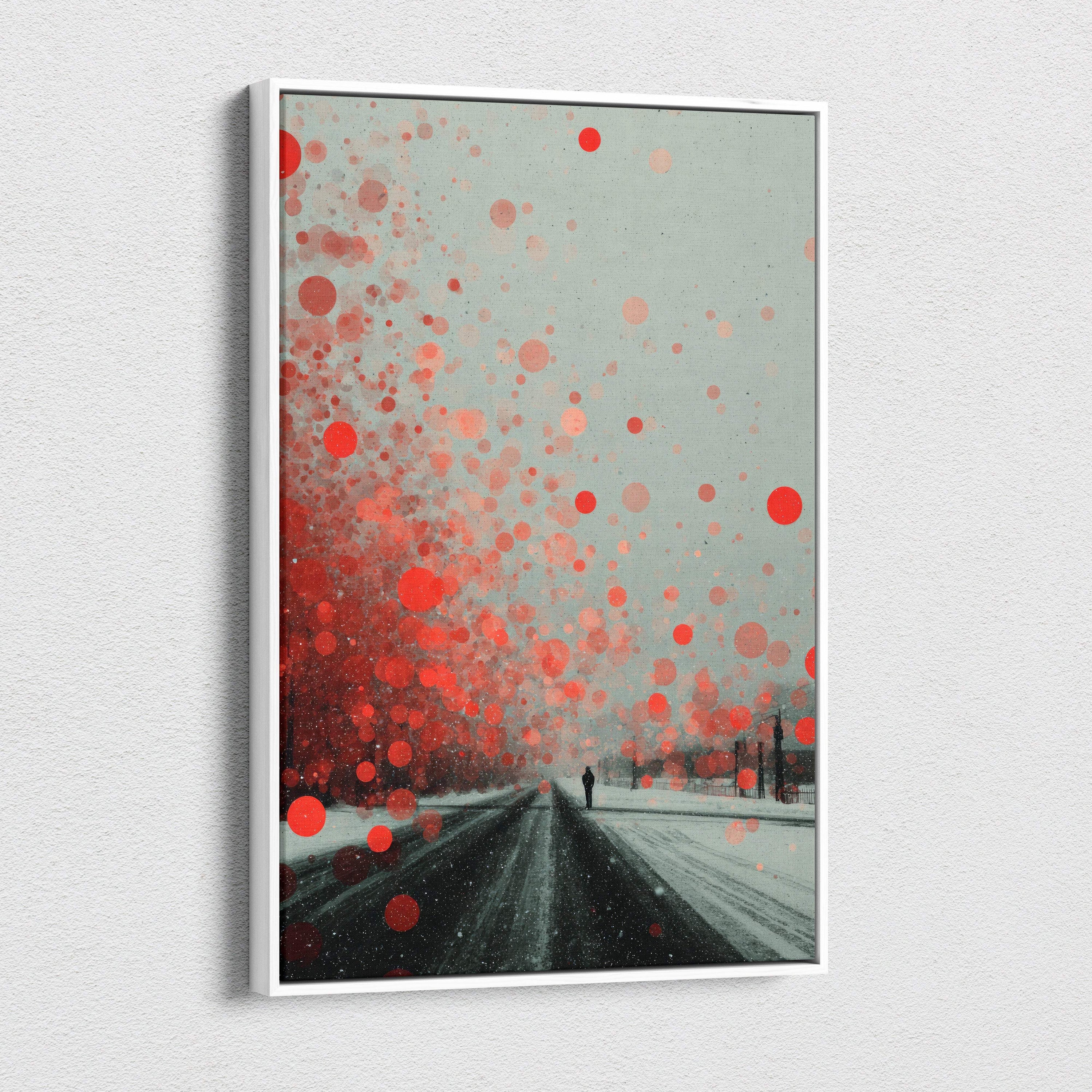 A framed canvas print of a red gray snowy road with abstract splatters and a moody winter landscape for modern decor