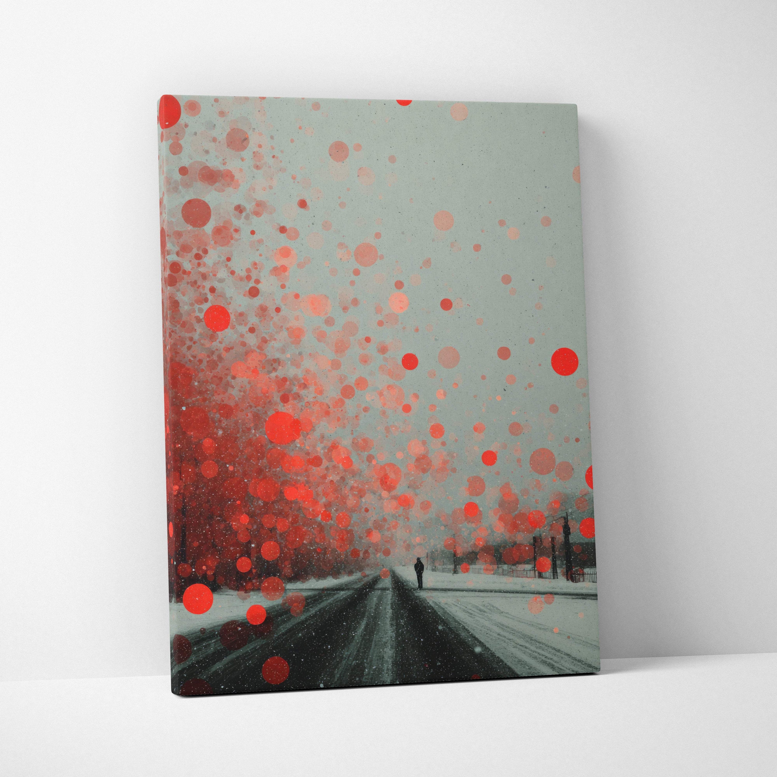 A canvas print of a snowy road with red splatters on gray for modern office and living room decor