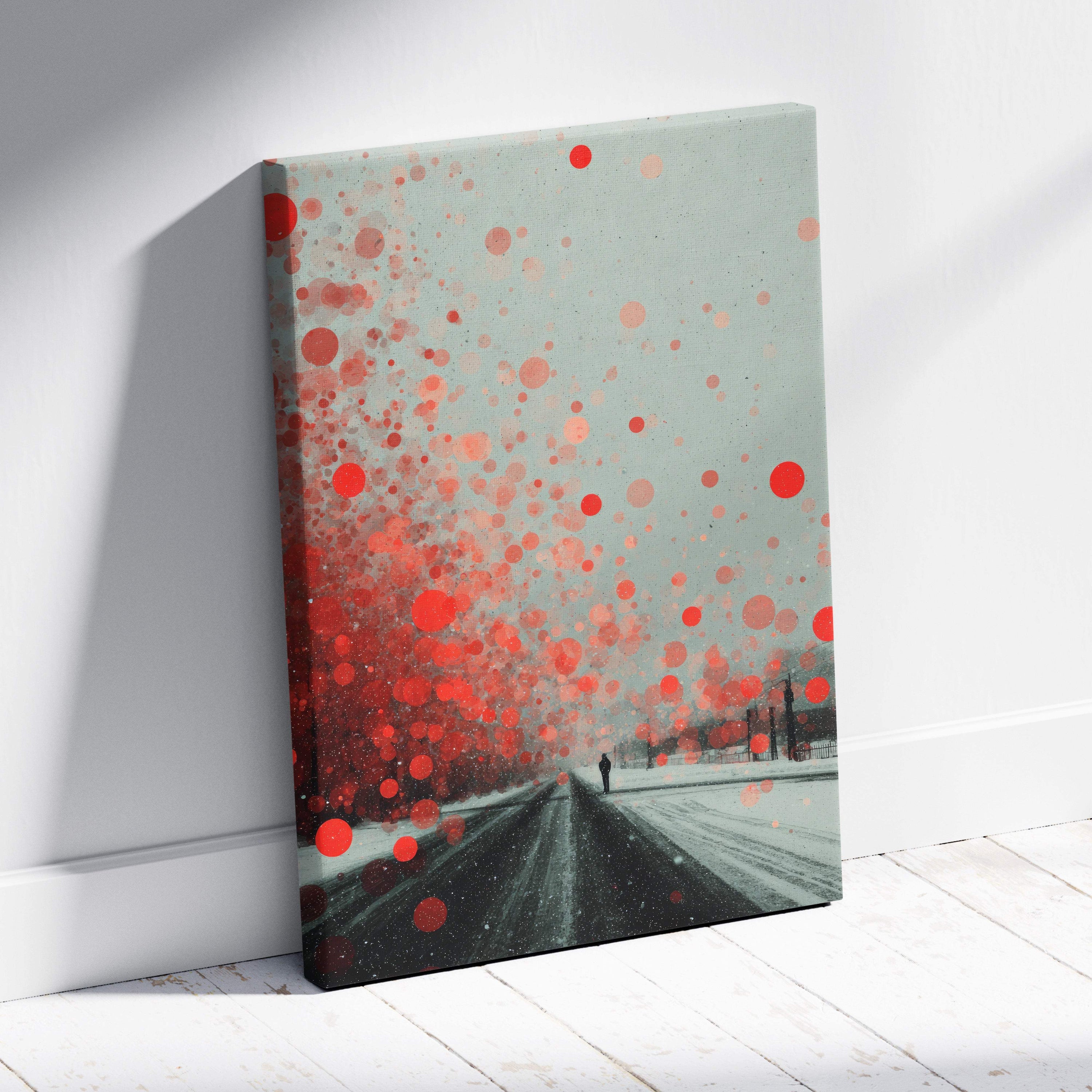A modern canvas print of a snowy road with red splatter paint on a gray background for urban winter decor