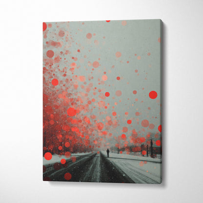 A canvas print of a snowy street scene with vibrant red splatters and a muted gray sky for modern winter decor