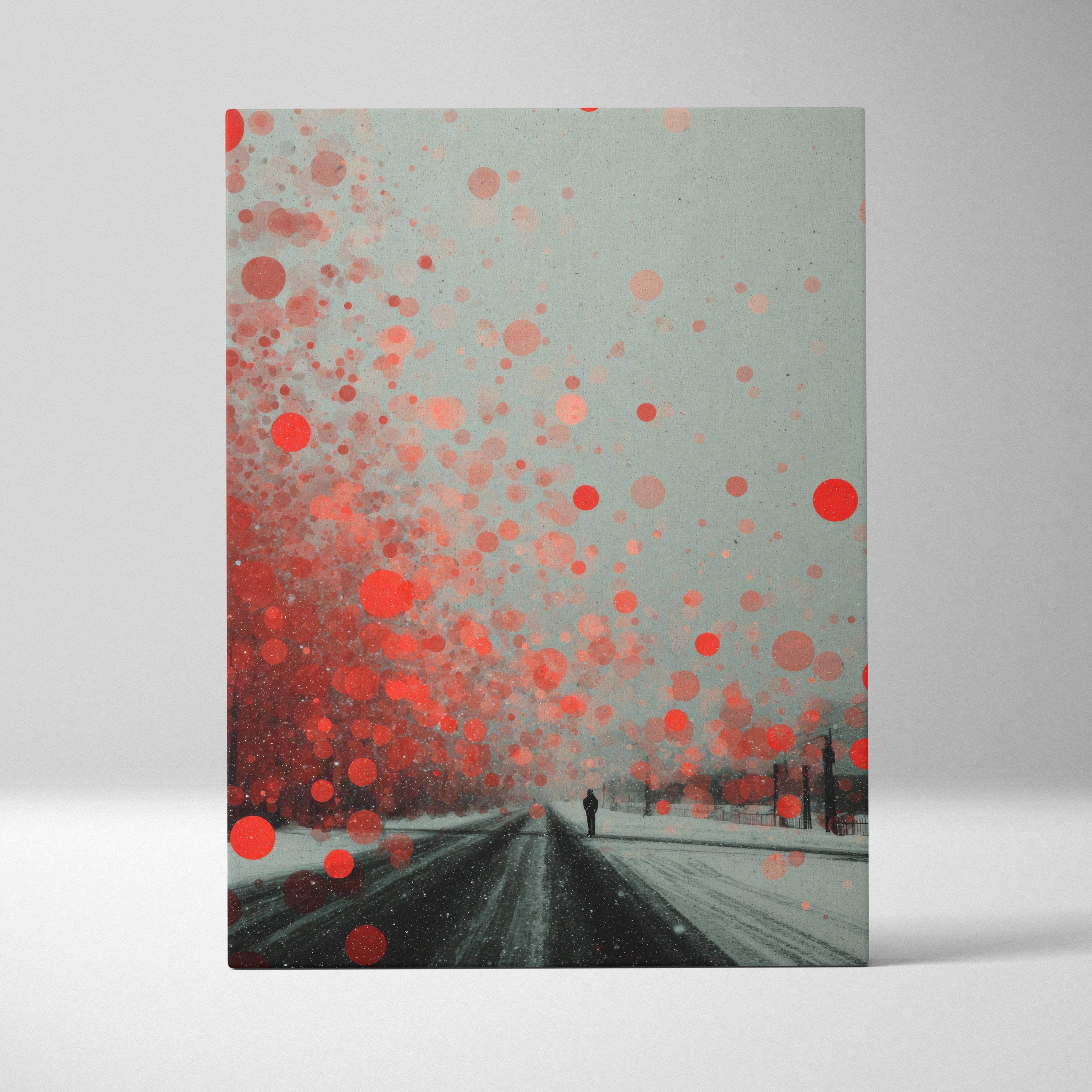 Rectangular canvas print of a snowy road with red splatters and gray sky abstract winter street decor artwork