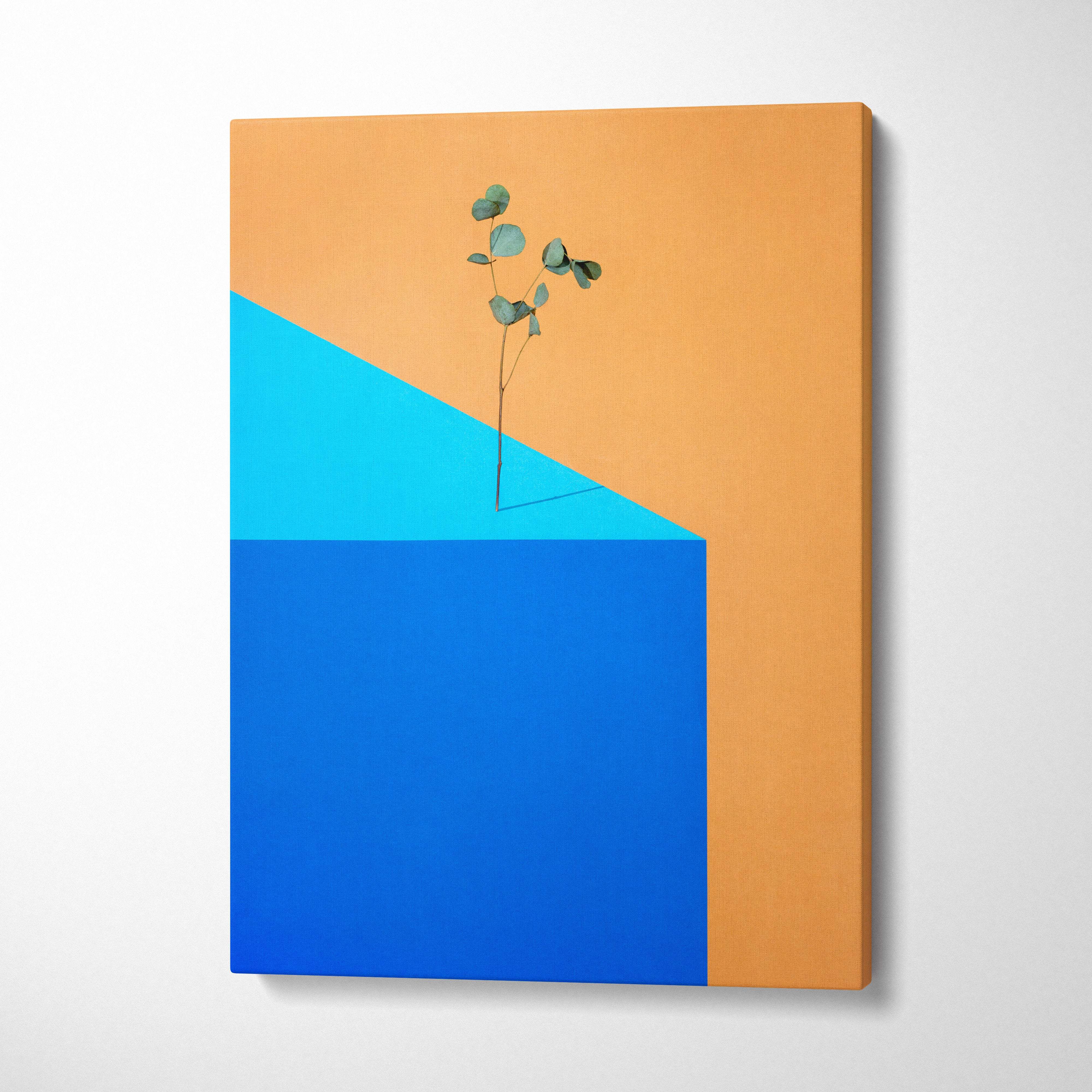 Contemporary eucalyptus canvas wall art with a dried eucalyptus sprig on orange turquoise and deep blue geometric blocks