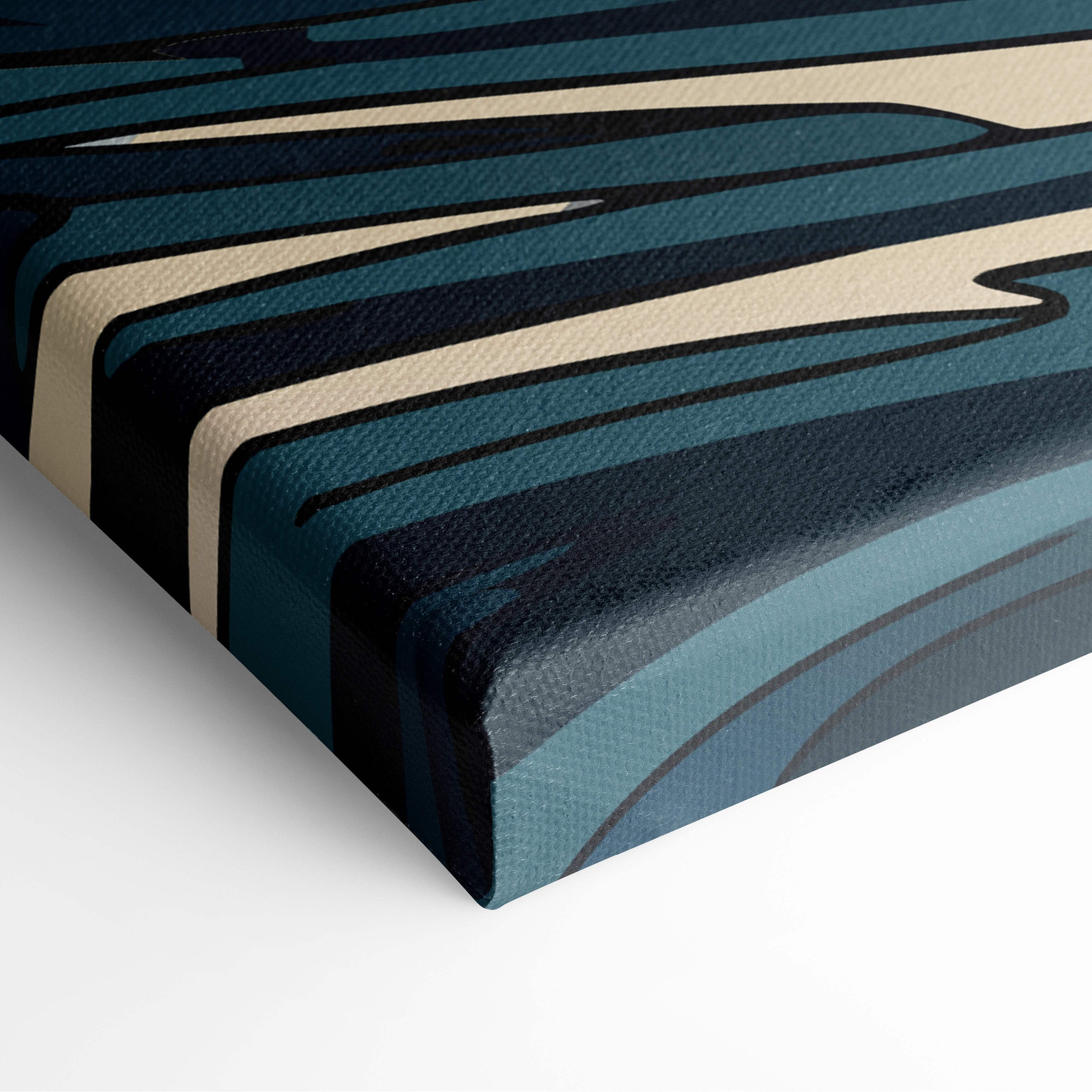 Great wave Mount Fuji canvas wall art with bold deep teal and cream abstract wave stripes in Japanese painting style