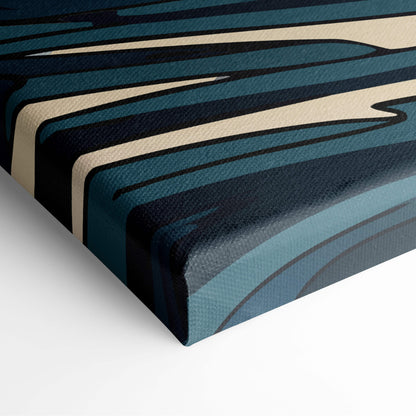 Great wave Mount Fuji canvas wall art with bold deep teal and cream abstract wave stripes in Japanese painting style