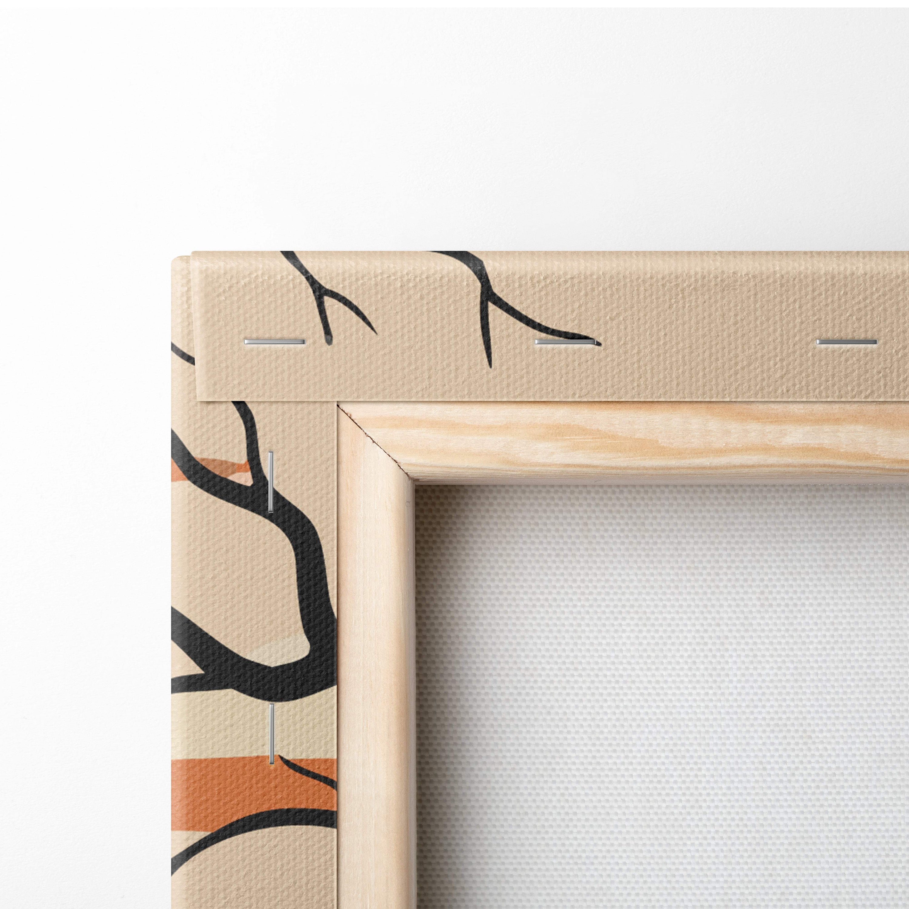 Beige canvas painting frame with black and orange abstract tree branch design great wave mount fuji wall art