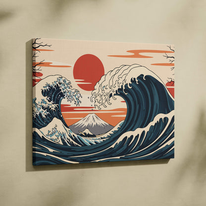 Great wave mount fuji canvas wall art featuring blue and white wave with mount fuji and orange sun on peach sky background