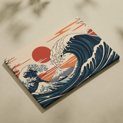 A rectangular canvas print of a blue orange great wave with a red sun and Mount Fuji for living room wall art