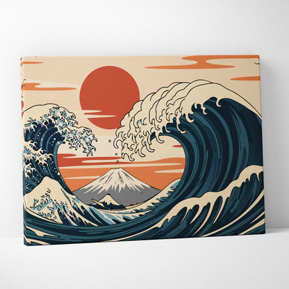 Great wave Mount Fuji canvas wall art featuring bold blue and cream ocean waves with orange sun for living room decor