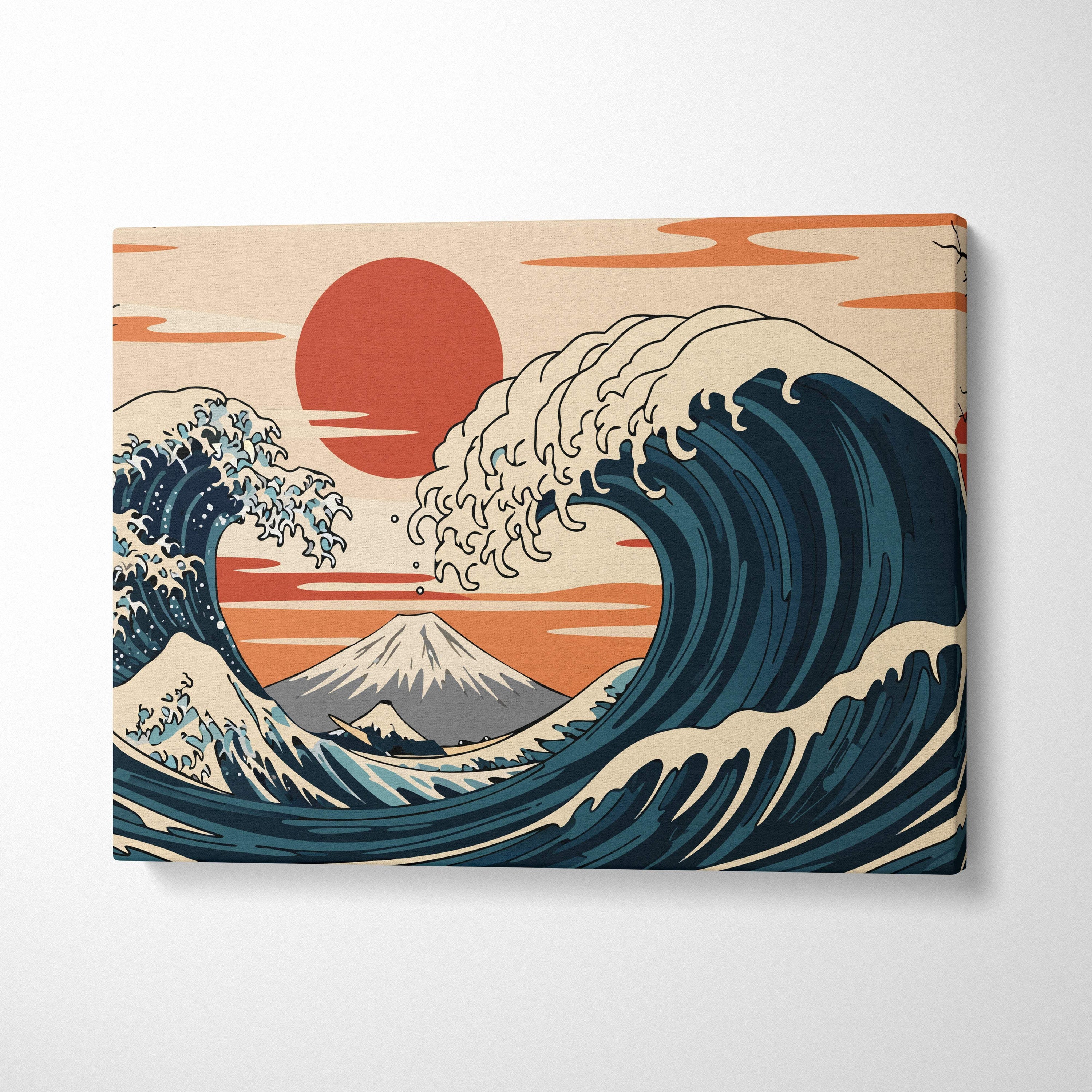Great Wave Mount Fuji canvas wall art featuring a deep blue wave and orange sunset in Japanese painting style
