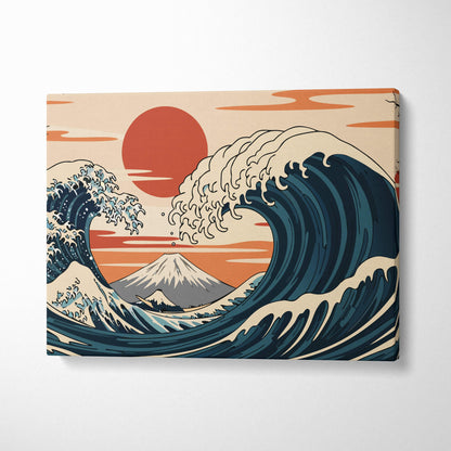 Great Wave Mount Fuji canvas wall art featuring a deep blue wave and orange sunset in Japanese painting style