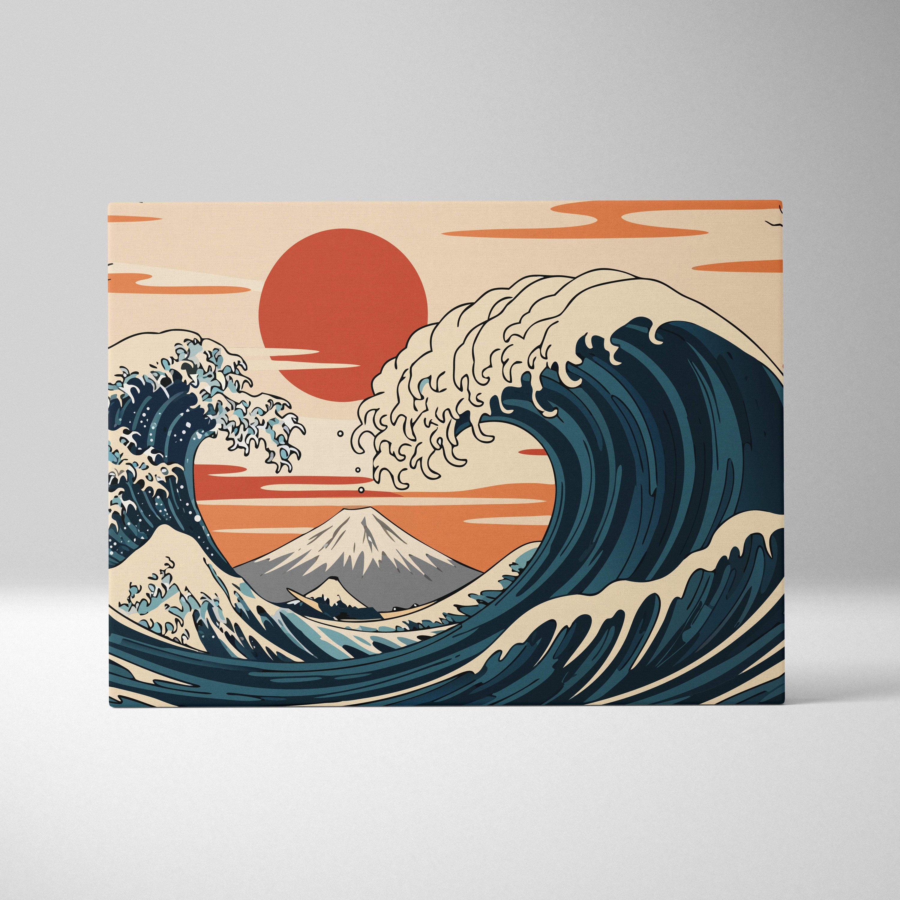 Great wave Mount Fuji canvas wall art with bold blue waves and orange sunset featuring Japanese painting style