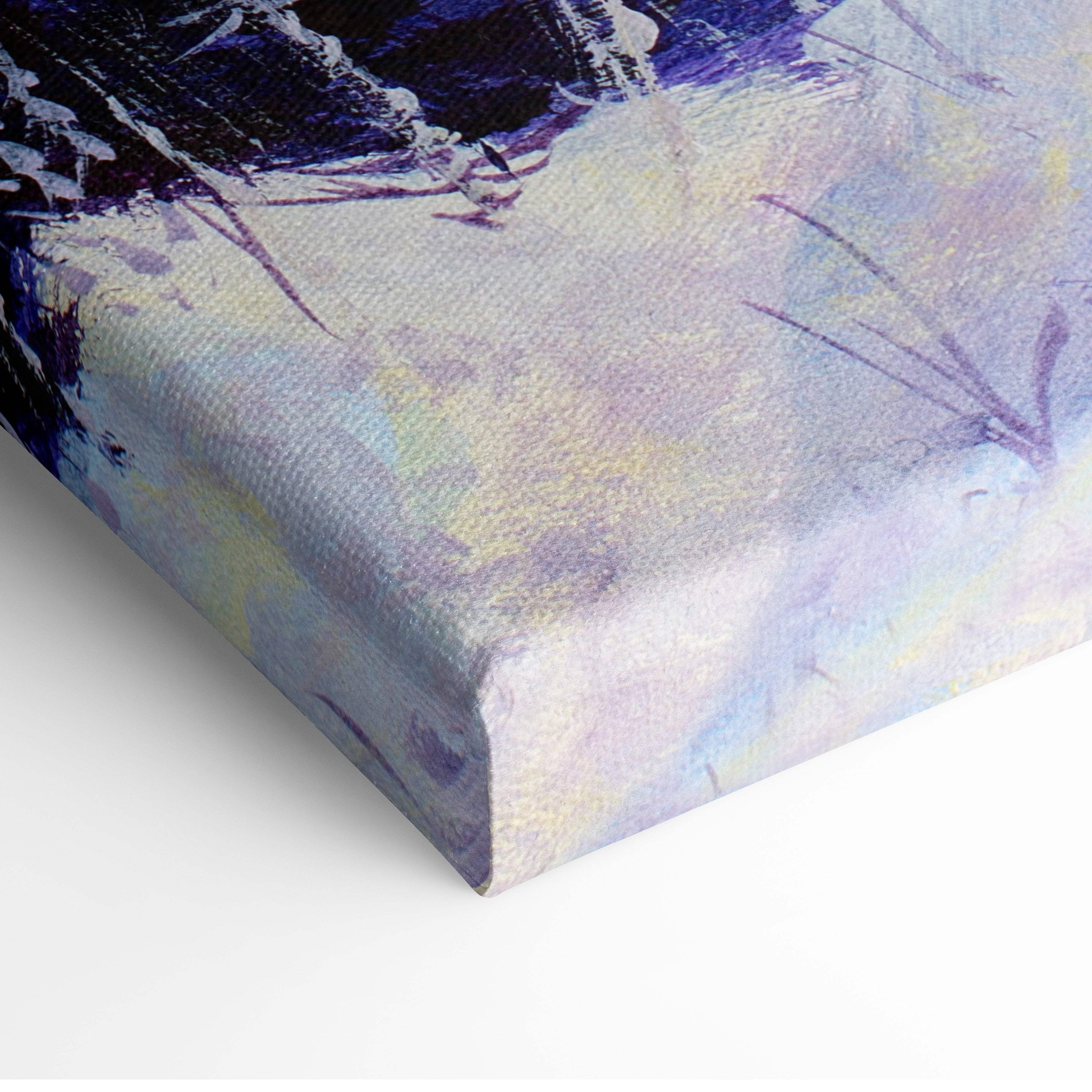 Textured canvas print of winter lake sunset with purple pink sky frosted pine trees and icy blue water in oil painting style