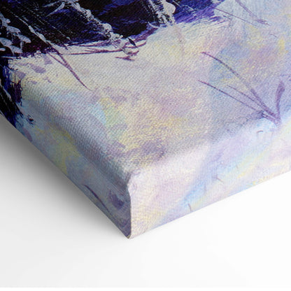 Textured canvas print of winter lake sunset with purple pink sky frosted pine trees and icy blue water in oil painting style