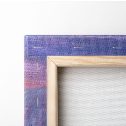 Wooden-framed winter lake sunset canvas print with purple and pink gradient stitched border for serene nature decor