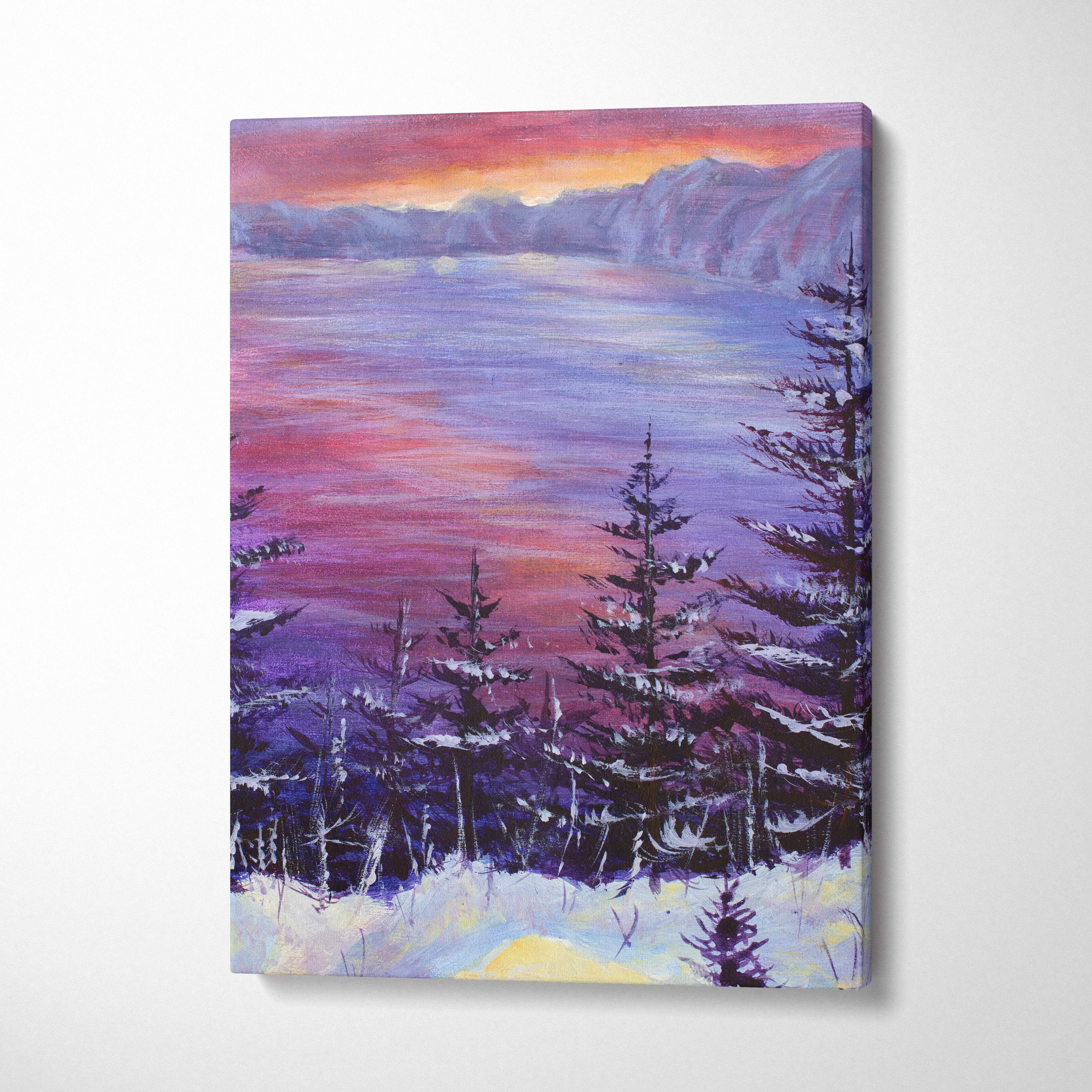 Winter lake sunset canvas print showing a snowy forest landscape in oil painting style with purple pink sky and icy blue water